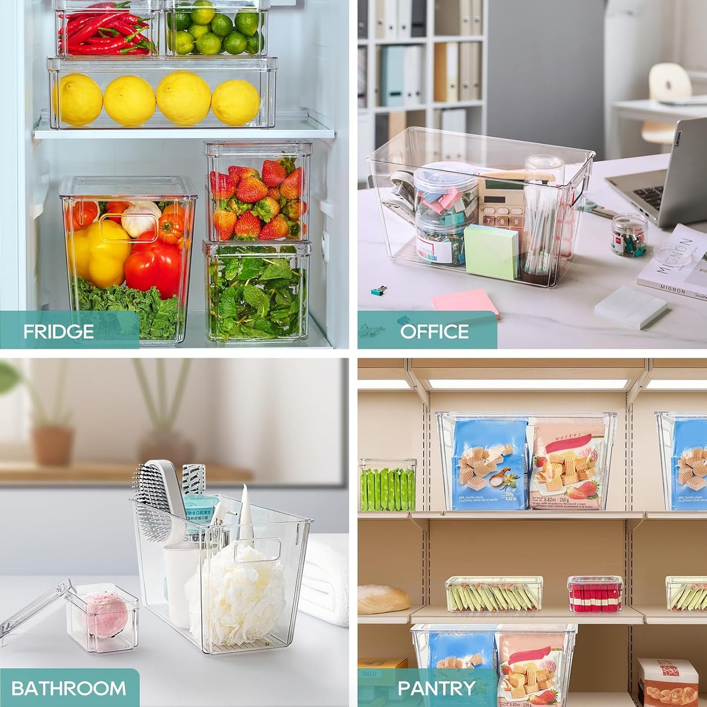 MUCHII 6 Pack Fridge Organizers and Storage, Stackable Fridge Organizer Bins with Lids, Kitchen Organizer Storage Containers for Fruit, Food, Vegetables