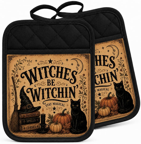 Witchy Halloween Black Cat Pot Holders for Kitchen 2 Pack Set