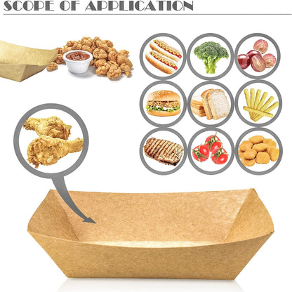 100 Pack 2lb Paper Food Trays, Heavy-Duty Paper Food Boat Disposable Serving Basket Tray for French Fries Nachos Snack Hot Dog Taco BBQ Popcorn Party Picnic Wedding Party (Brown)