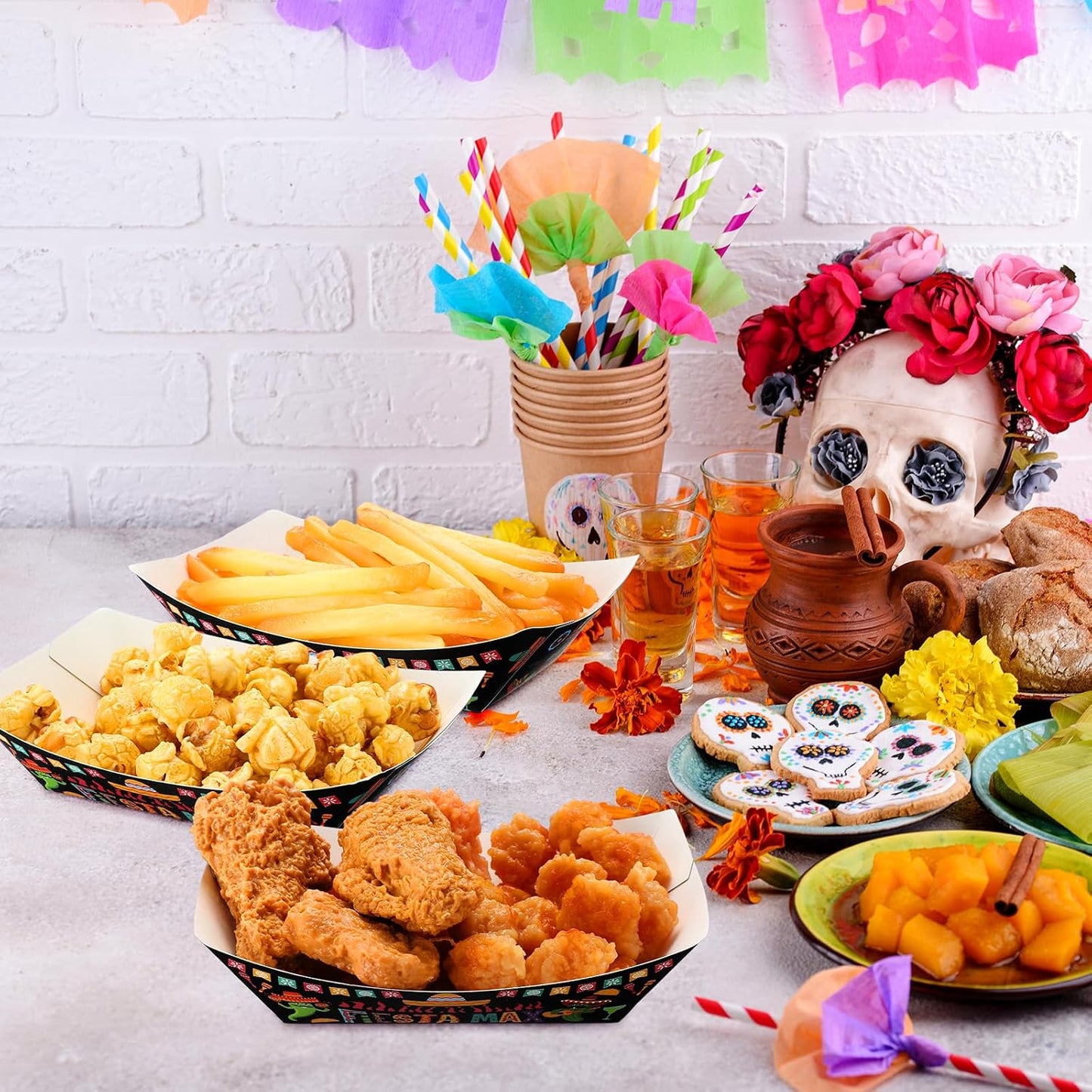 Gejoy 100 Pcs 2 lb Mexican Paper Food Trays Disposable Fiesta Nacho Trays Taco Nights Snack Boats Carnival Food Container Popcorn Holder for Festival Birthday Supplies(Classic)