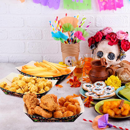 Gejoy 100 Pcs 2 lb Mexican Paper Food Trays Disposable Fiesta Nacho Trays Taco Nights Snack Boats Carnival Food Container Popcorn Holder for Festival Birthday Supplies(Classic)