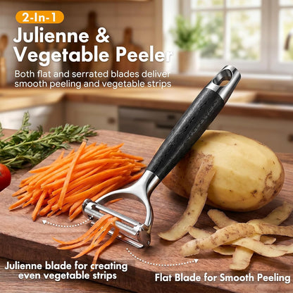 2-in-1 Julienne Peeler & Vegetable Peeler – Heavy-Duty Y-Peeler with Sharp Flat & Julienne Blades, Multifunctional Kitchen Tool for Potatoes, Carrots, Cucumbers, Zucchini & Fruit