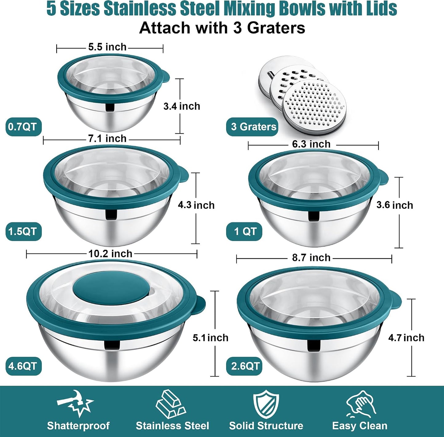 E-far Mixing Bowls Set of 5, Stainless Steel Salad Mixing Bowl with Transparent Lid, Metal Nesting Bowl Attach with 3 Graters for Kitchen Prepping/Serving/Baking/Storage, 4.6/2.6/1.5/1/0.7 QT - Black