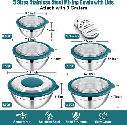 E-far Mixing Bowls Set of 5, Stainless Steel Salad Mixing Bowl with Transparent Lid, Metal Nesting Bowl Attach with 3 Graters for Kitchen Prepping/Serving/Baking/Storage, 4.6/2.6/1.5/1/0.7 QT - Black