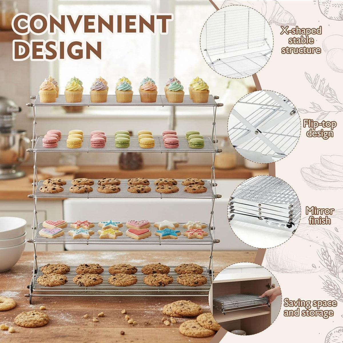 Novabright 5 Tier Collapsible Cooling Rack for Baking 16" x 10" Stainless