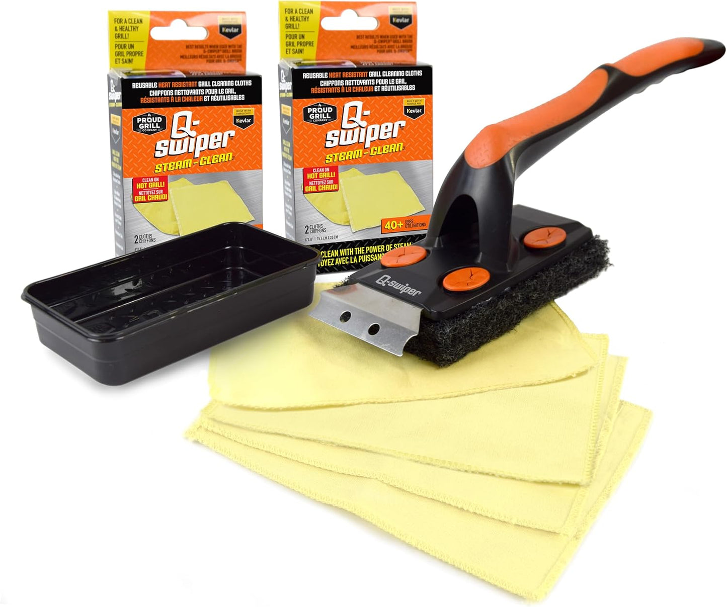 Proud Grill Q-Swiper XL Steam-Clean BBQ Grill Cleaner Set - 1 Bristle & Wire-Free Brush with Scraper, 2 Kevlar Steam Clean Cloths & 1 Water Tray, Grease & Grime Remover, Outdoor Barbecue Accessories