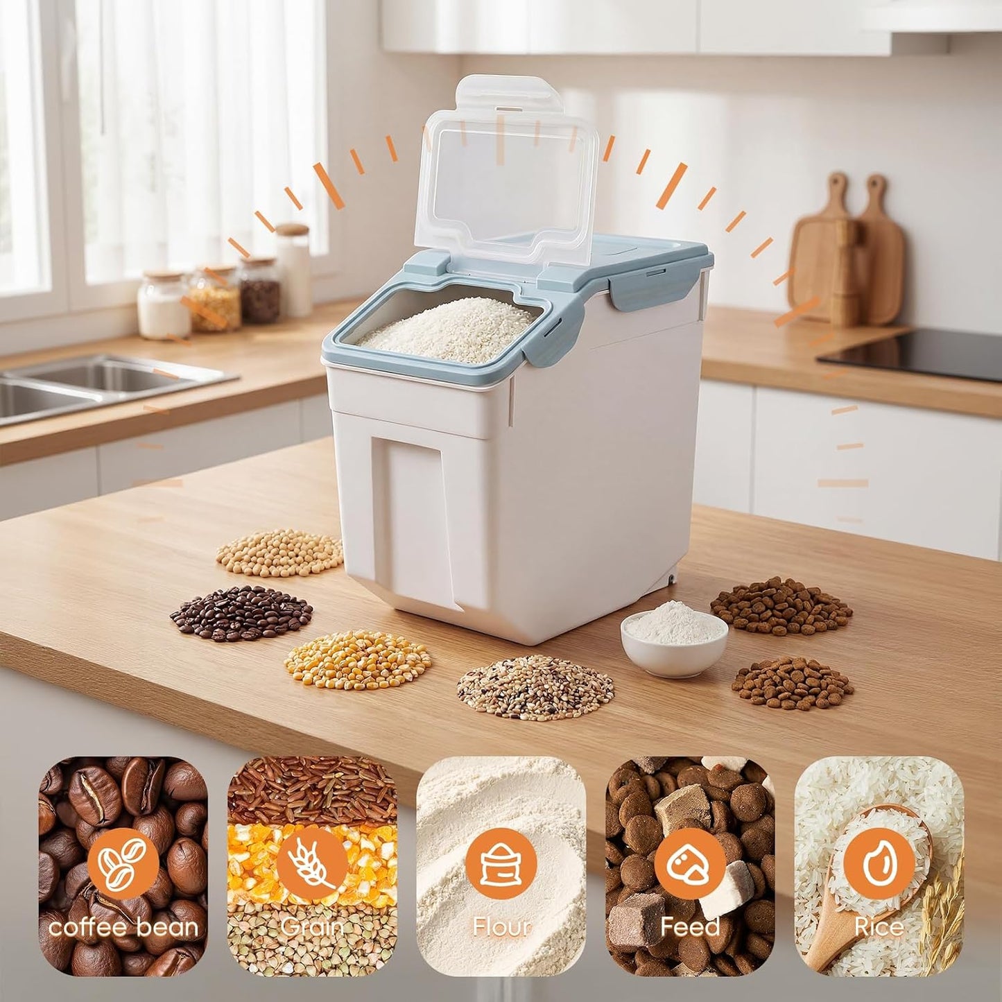 2 Pack Airtight Food Storage Containers 55lbs, Large Flour and Rice Storage Bins with Locking Lid & Wheels, 25kg Dog Cat Pet Food Container with Measuring Cup for Kitchen Pantry Organization