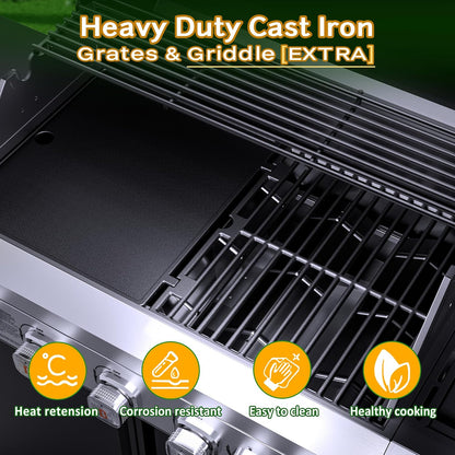 Brand-Man 4-Burner Gas Outdoor Kitchen Grill Island with Side Burner - 44,000 BTU Stainless Steel BBQ Grill Station with Storage Cabinets, Fold-out Prep Table, LPG/NG Convertible, Black