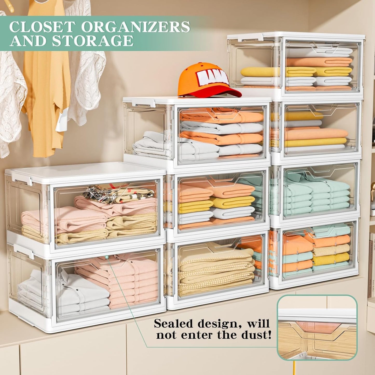 Kmiectse Clear Storage Bin with Lid 3 Pack 【Stackable & Sturdy】 Plastic Multifunctional Folding Storage Bins for Bedroom, Living Room, Study,Room, 23 QT Folding Box with Magnetic Door