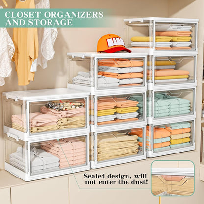Kmiectse Clear Storage Bin with Lid 3 Pack 【Stackable & Sturdy】 Plastic Multifunctional Folding Storage Bins for Bedroom, Living Room, Study,Room, 23 QT Folding Box with Magnetic Door