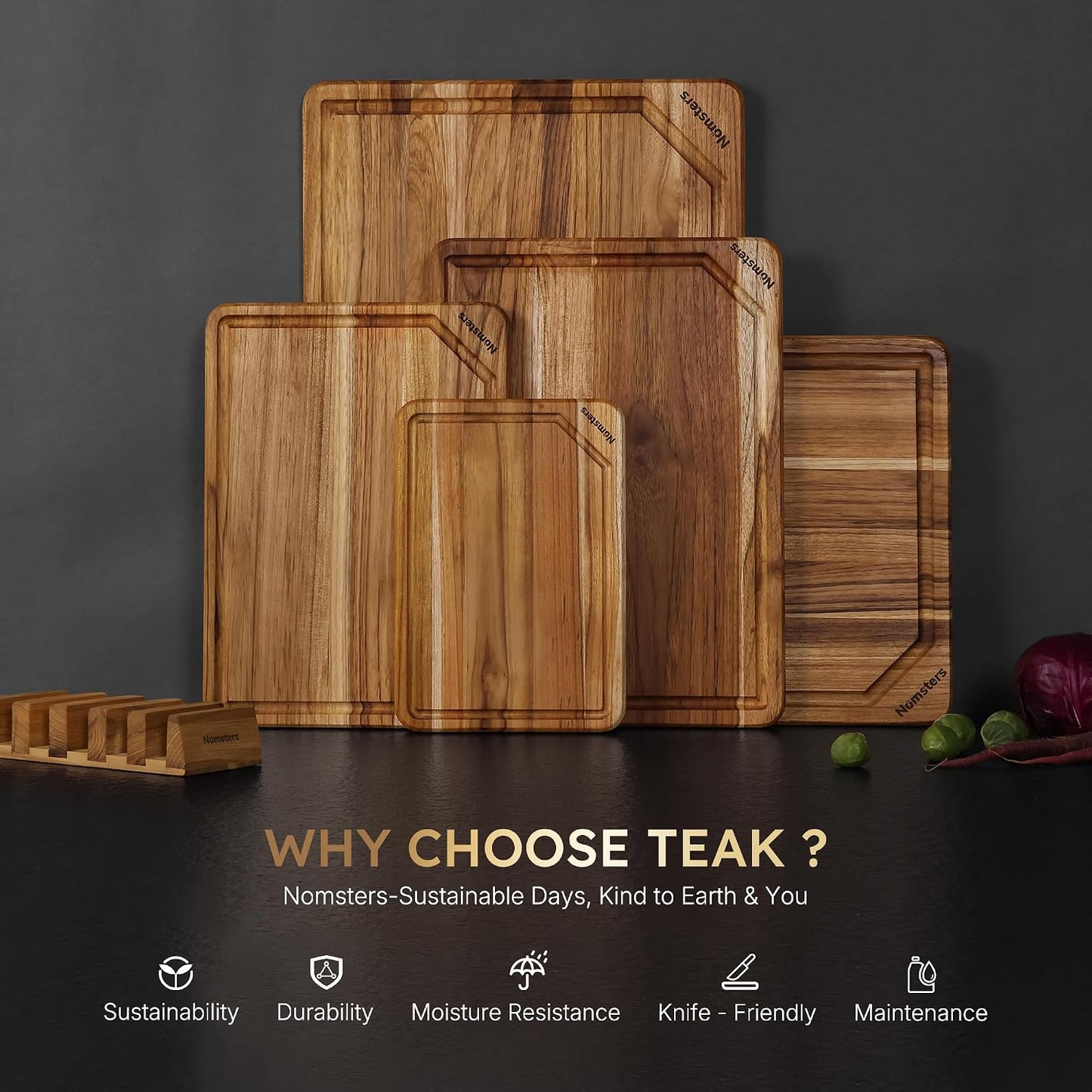 3 Pack Teak Wood Cutting Board Set with Holder Non Slip Over Sink Wooden Chopping Board for Fresh Meat Vegetable Thick Haus Perfect for Charcuterie Juice Groove Kitchen Accessories - FSC Certified