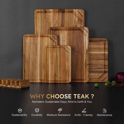 3 Pack Teak Wood Cutting Board Set with Holder Non Slip Over Sink Wooden Chopping Board for Fresh Meat Vegetable Thick Haus Perfect for Charcuterie Juice Groove Kitchen Accessories - FSC Certified