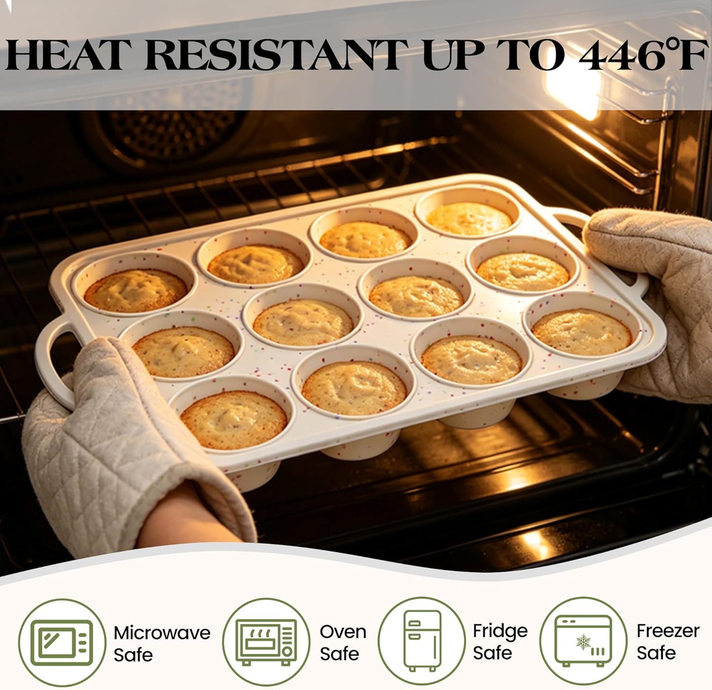 Regular 12 Cup and Mini 24 Cup Nonstick Cupcake Pan Set Silicone Muffin Pan for Baking Silicone Cupcake Mold with Metal Reinforced Frame BPA Free (2 Pcs, Cream)