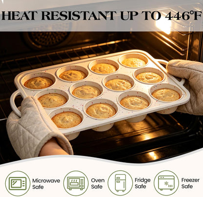 Regular 12 Cup and Mini 24 Cup Nonstick Cupcake Pan Set Silicone Muffin Pan for Baking Silicone Cupcake Mold with Metal Reinforced Frame BPA Free (2 Pcs, Cream)