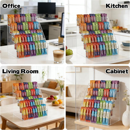 Drink Packet Organizer with 25 Compartments, 5-Tier Water Packet Organizer for Water Flavor Drink Mix, Transparent Acrylic Sugar Packets Holder for Pantry Cabinet Kitchen Storage Organization