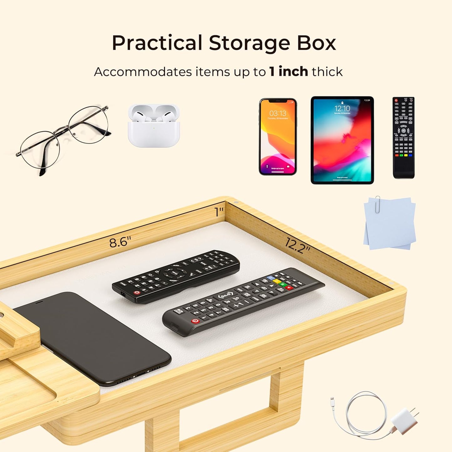 Wealone Black Couch Arm Tray for Wide Couch, Bamboo Sofa Arm Clip Table with Storage Box, Couch Armrest Tray with 360°Rotating Phone Holder, Sofa Arm Table Clip for Eating, Drinks or Dining