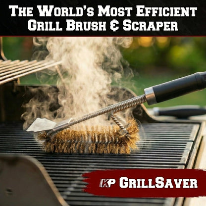 KITCHEN PERFECTION GrillSaver - Safe BBQ Grill Brush for Outdoor Grill with Replaceable Cleaning Head -Heavy-Duty Grill Cleaner with Scraper for All Grates +2 Bonuses -Best Grilling Gifts for Men