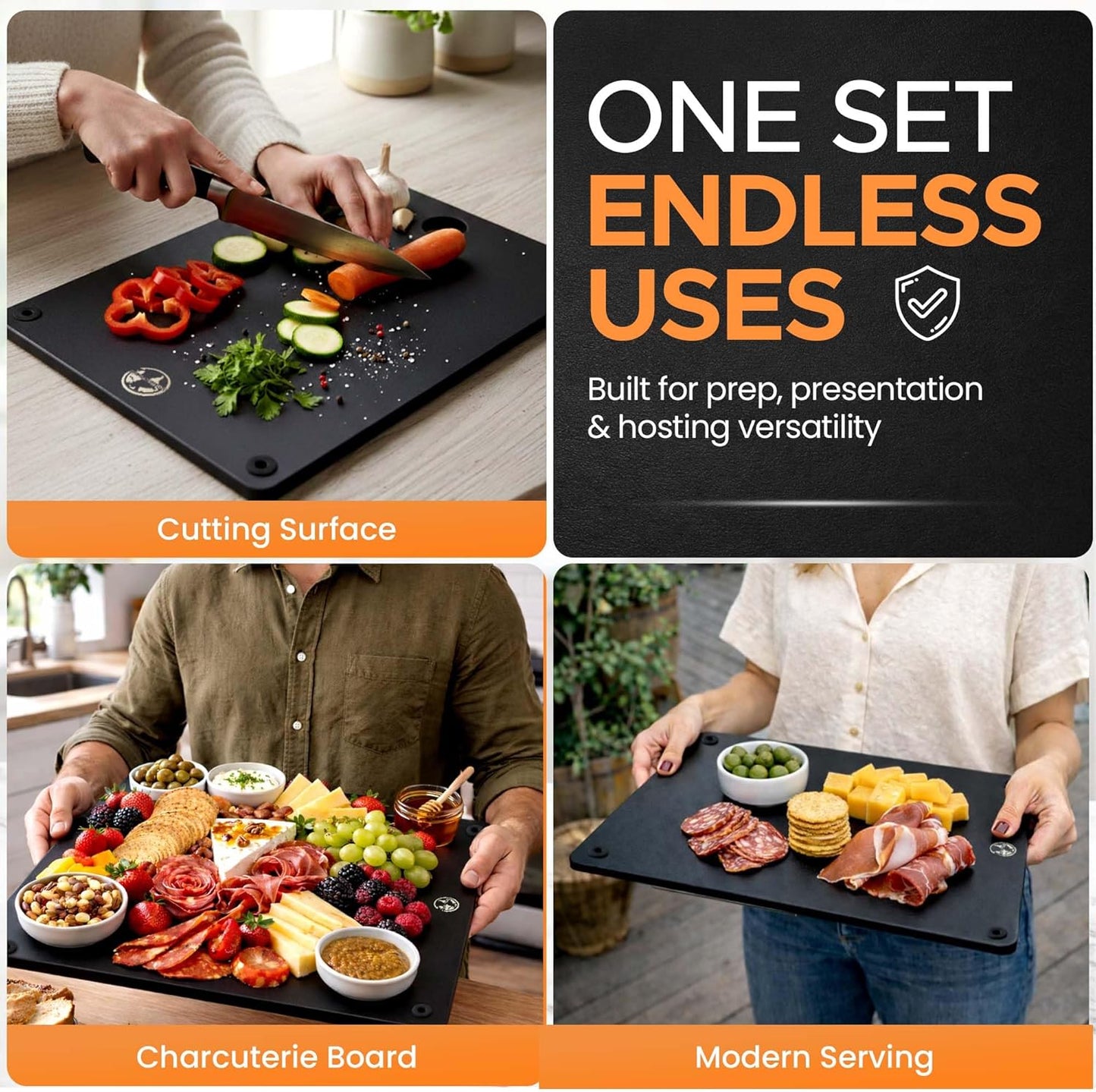 Earth's Dreams Composite Wood Cutting Board Set of 3 – Built In Juice Groove, Dishwasher Safe,Cutting Boards for Kitchen – Large, Medium & Small Non-Slip Wood Charcuterie & Chopping Boards (Tan/Black)
