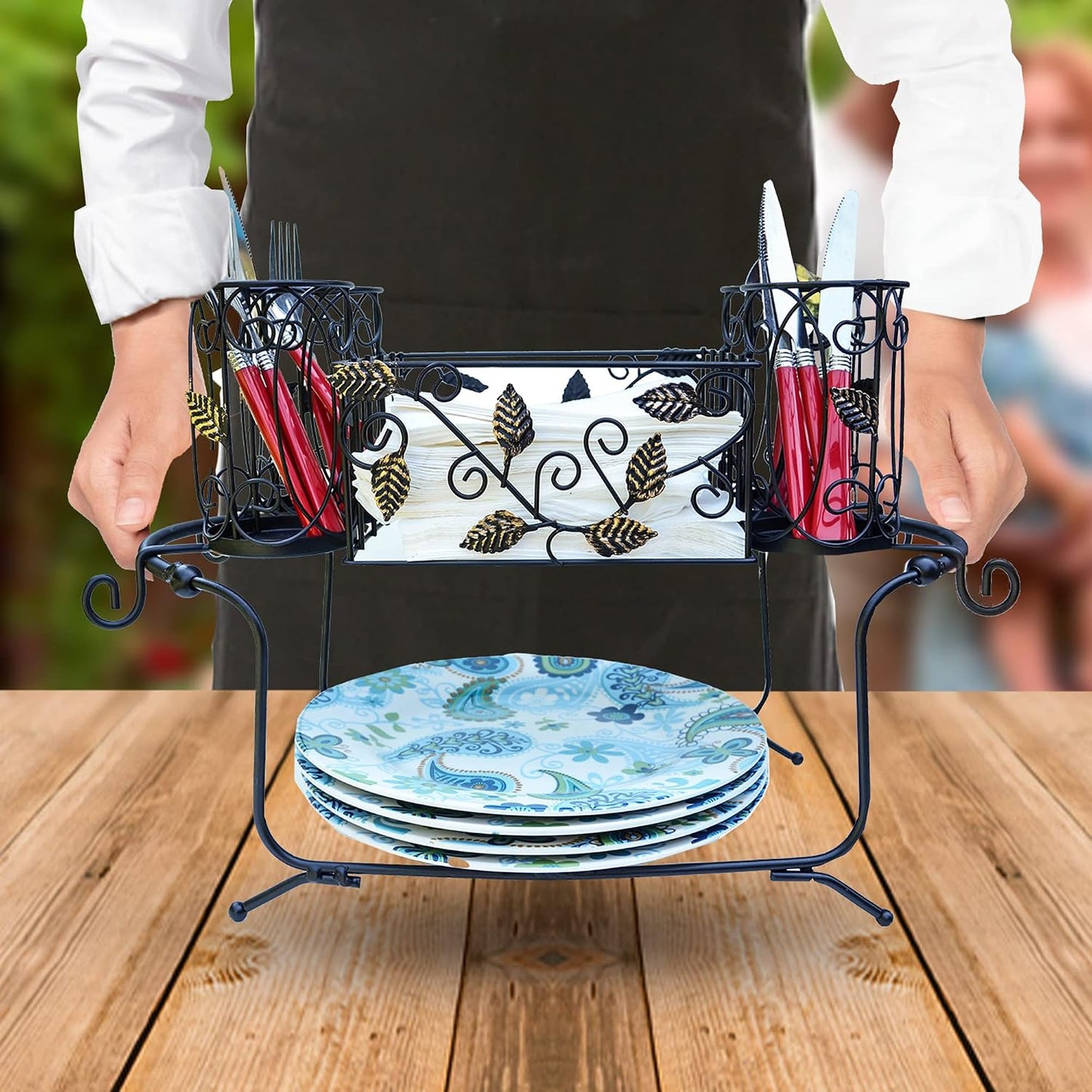 Portable Utensil Caddy for Parties, Elegant Leaf Design Buffet & Silverware Organizer with Napkin Holder, Stainless Steel Plate Storage Caddy for Camping, BBQ & Outdoor Dining