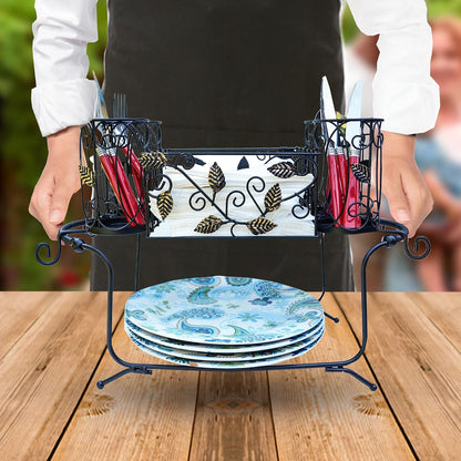 Portable Utensil Caddy for Parties, Elegant Leaf Design Buffet & Silverware Organizer with Napkin Holder, Stainless Steel Plate Storage Caddy for Camping, BBQ & Outdoor Dining