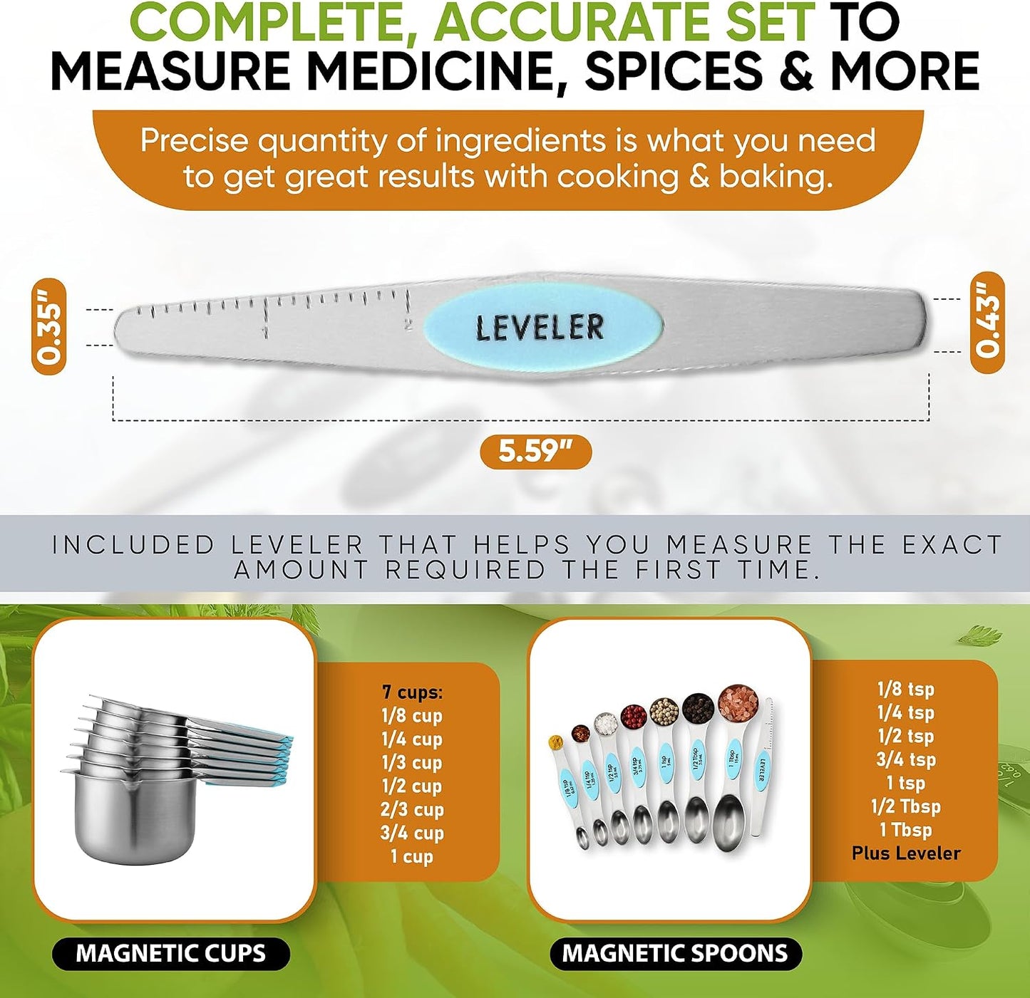 Spring Chef Magnetic Measuring Cups & Spoons Set, Patented, Strong N45 Magnets, Heavy Duty Stainless Steel Fits in Spice Jars for Baking & Cooking, BPA Free, Round Set of 15 with Leveler, Black