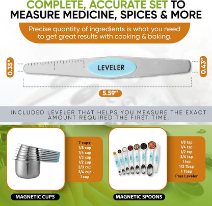 Spring Chef Magnetic Measuring Cups & Spoons Set, Patented, Strong N45 Magnets, Heavy Duty Stainless Steel Fits in Spice Jars for Baking & Cooking, BPA Free, Round Set of 15 with Leveler, Black