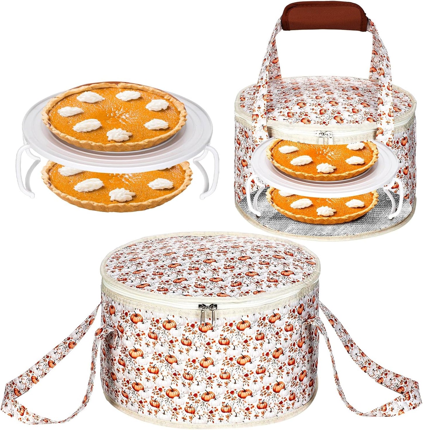 Fall Pumpkin Round Pie Carrier 12 x 7 Inch Thanksgiving Pumpkin Flowers Insulated Casserole Carrier with Lid and Detachable Handle for Thanksgiving Hot Pie Cake Transport Autumn Party