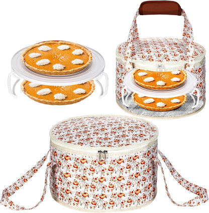 Fall Pumpkin Round Pie Carrier 12 x 7 Inch Thanksgiving Pumpkin Flowers Insulated Casserole Carrier with Lid and Detachable Handle for Thanksgiving Hot Pie Cake Transport Autumn Party