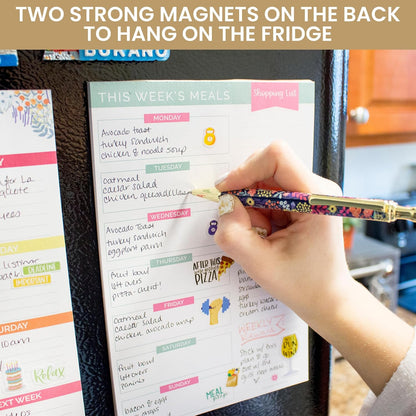 bloom daily planners Weekly Meal Planning Pad - Magnetic Hanging Refrigerator Menu Planner with Tear-Off Sheets & Perforated Grocery Shopping Lists - 6” x 9” (Grey & Pink)