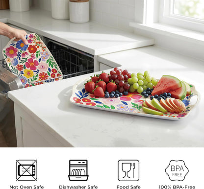 TP Large Serving Trays with Handles, 19" x 12" Melamine Serving Platters for Food, Turkey, Set of 2 Rectangular Trays for Party, Pure White