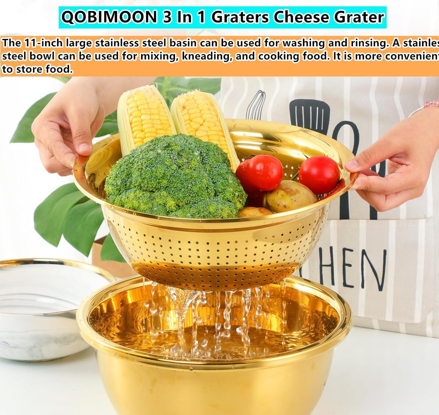 3PC/Set Colander set Stainless Steel Vegetable Slicer Fruit Potato Peeler Carrot Grater Strainer Utensil Round Rice Washer Bowl Drain Basket-Gold
