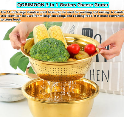 3PC/Set Colander set Stainless Steel Vegetable Slicer Fruit Potato Peeler Carrot Grater Strainer Utensil Round Rice Washer Bowl Drain Basket-Gold