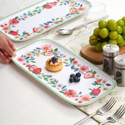 2 pcs Melamine Tray Set with Strawberry Design, 19 Inch and 14.5 Inch Large Serving Plates, Unbreakable Dinnerware for RV, Camping, Party, Easy Clean