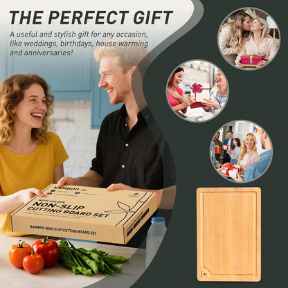 3 Packs Bamboo Cutting Board Set with Non Slip Feet Holder and Over Sink Nice Solid Thick Wood Juice Groove Chopping Board Extra Large Big Small Best Hardwood Kitchen Organic Vegetable Meat BBQ Kit