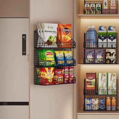 X-cosrack 3 Tier Large Stackable Snack Organizer - Versatile Wall Mounted Wire Storage Basket with Divider for Candy Chip Cans Bars - Ideal for Pantry Office Home