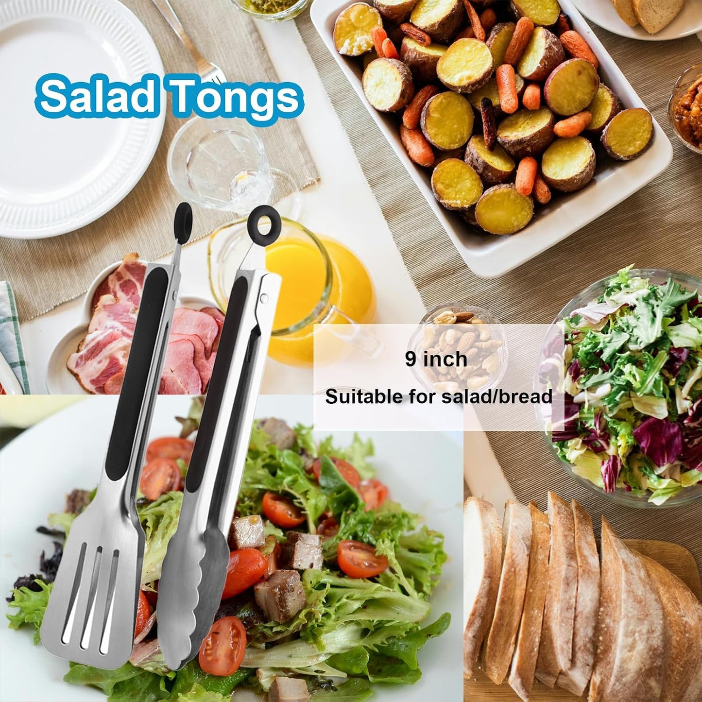 Kitchen Tongs for Cooking, Stainless Steel Salad Tongs for Serving Food Grilling with Locking Ring, Set of 4-9 inch and 12 inch