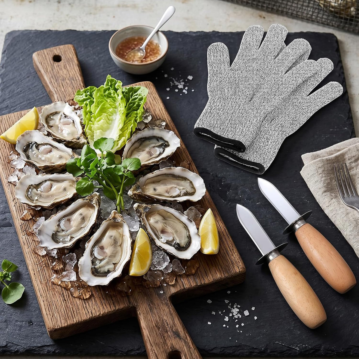 Oyster Shucking Knife Set of 6 with 6 Pairs Cut-Resistant Gloves, Professional Oyster Shucker Set for Clams, Mussels & Shellfish, Stainless Steel Oyster Knife Shucker Set for Home Kitchen, BBQ