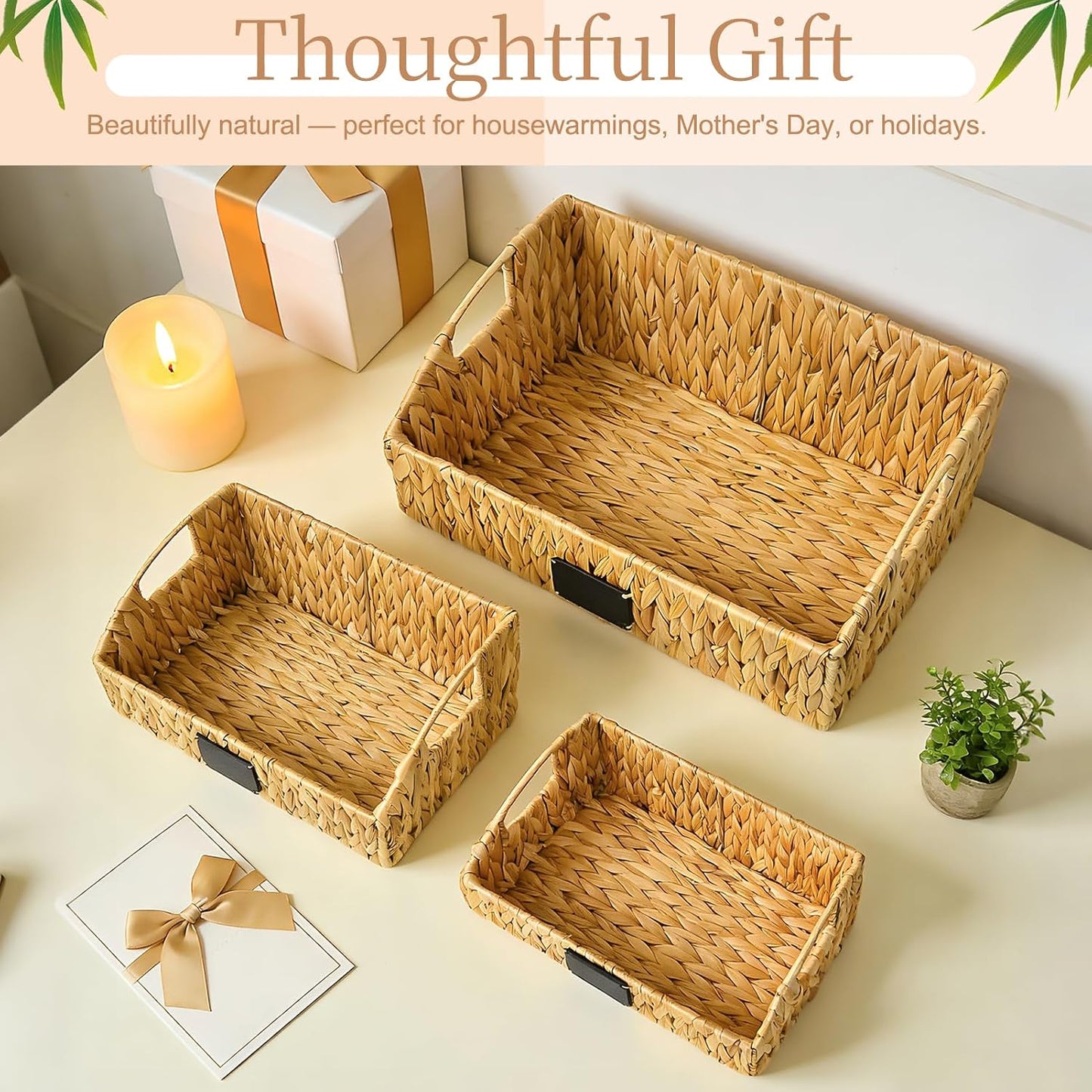 3 Pack Handwoven Water Hyacinth Storage Baskets with Handles & Chalkboard Labels, Wicker Bins for Pantry Kitchen Bathroom