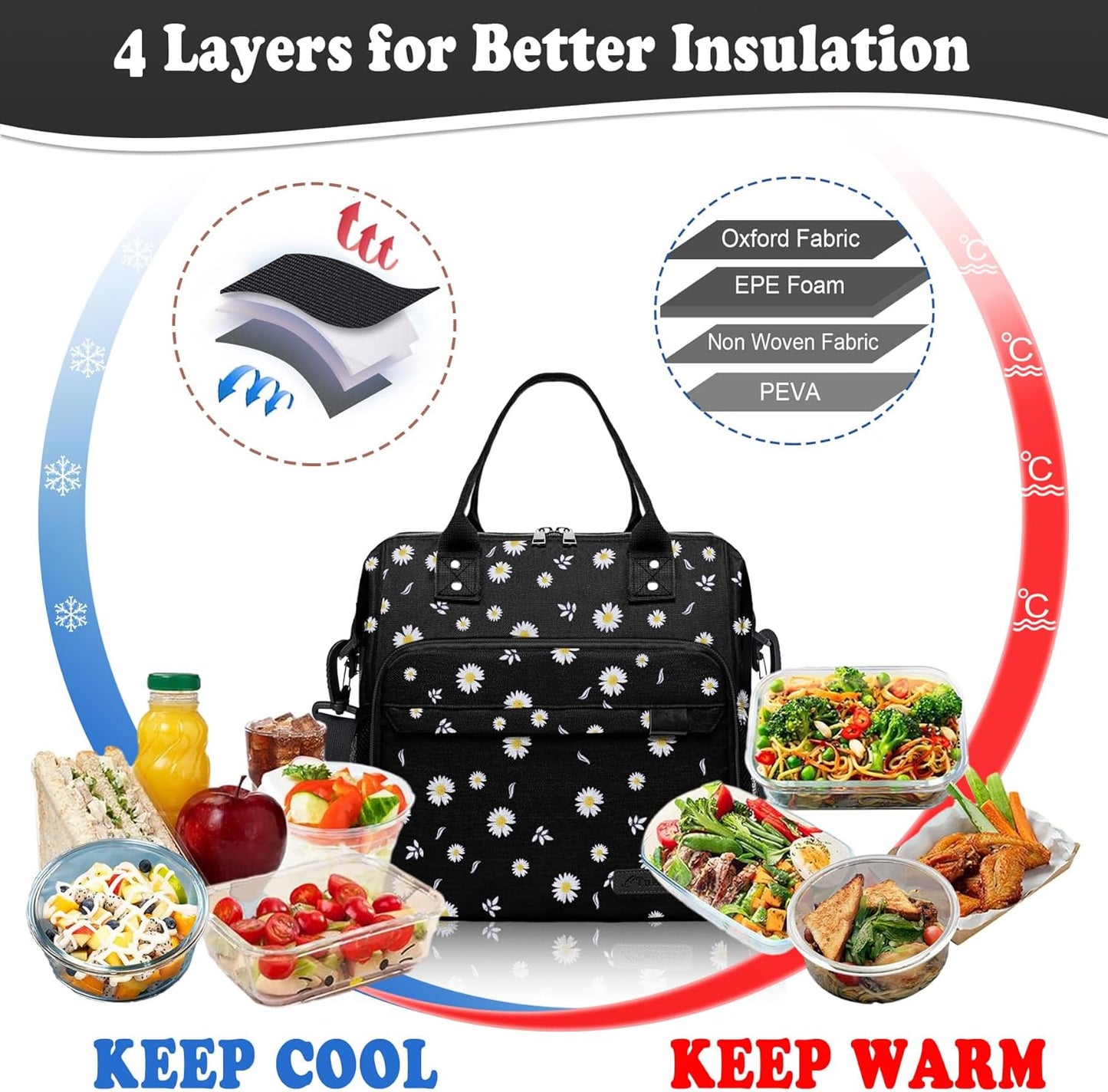 TuErCao Small Lunch Bag Lightweight Insulated Lunch Box for Women Work Portable Soft Cooler for Picnic Travel Road Trips, Loncheras para Mujer, Black