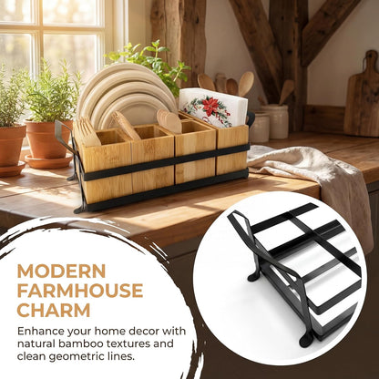 Bamboo Utensil Caddy with Handle - 5 Compartment Silverware Holder for Party & Kitchen Countertop - Removable Wooden Flatware Organizer for Picnic, BBQ, Buffet, RV & Outdoor Dining