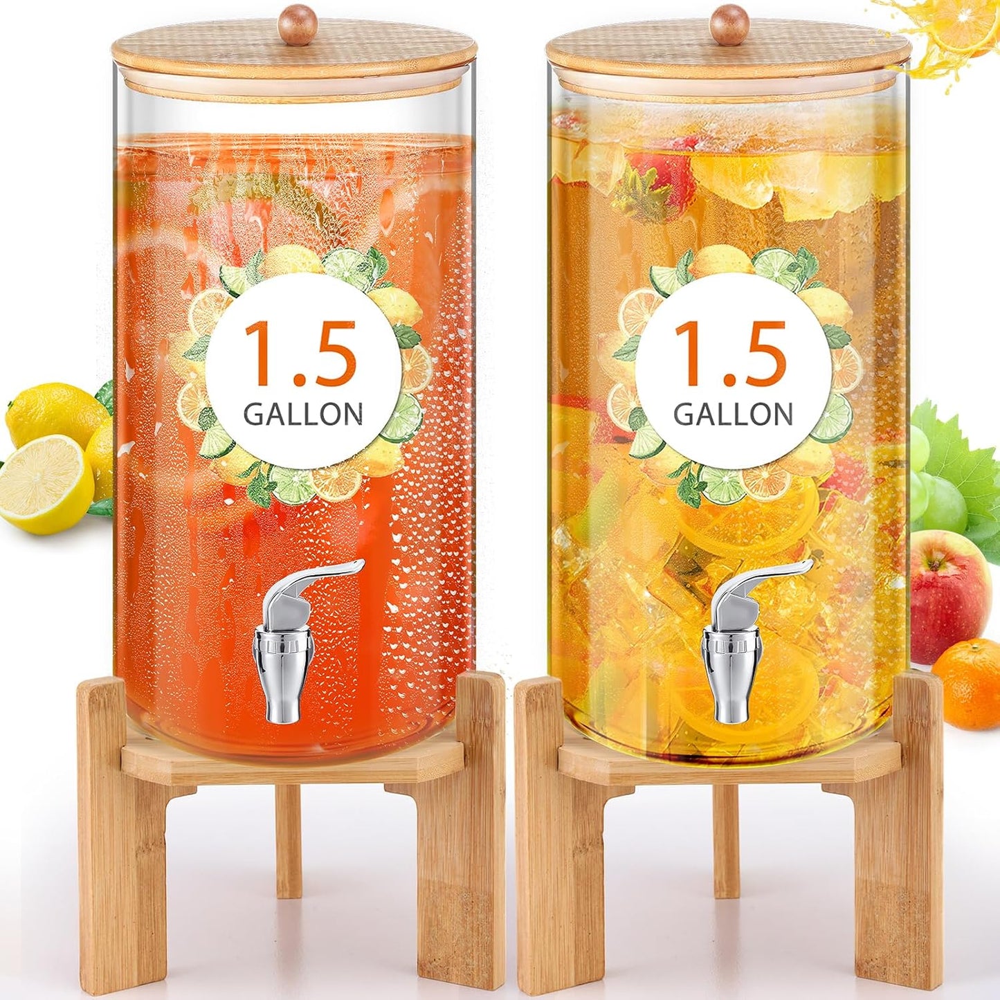 FillTouch 2 Pack 2.5 Gallon Drink Dispensers for Parties, Glass Beverage Dispensers with Bamboo Stand, Spigot and Bamboo Lid Leakproof for Lemonade Juice, Tea, Water, and Party Drinks