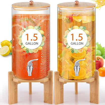 FillTouch 2 Pack 2.5 Gallon Drink Dispensers for Parties, Glass Beverage Dispensers with Bamboo Stand, Spigot and Bamboo Lid Leakproof for Lemonade Juice, Tea, Water, and Party Drinks