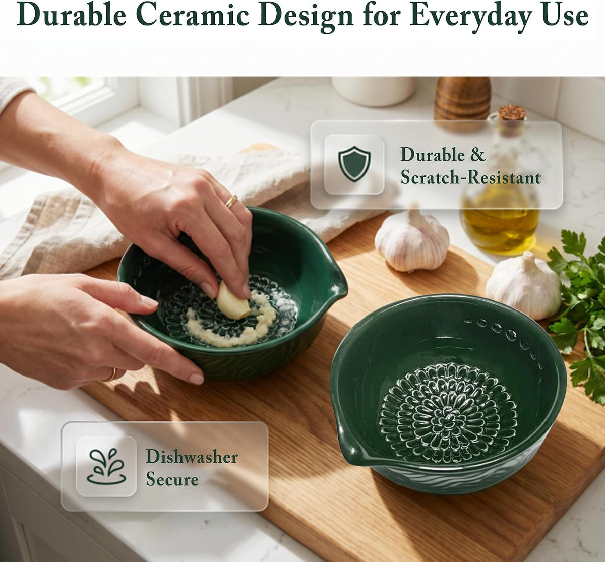 3-in-1 Ceramic Grater Bowl,Garlic Ginger Grinder with Herb Stripper
