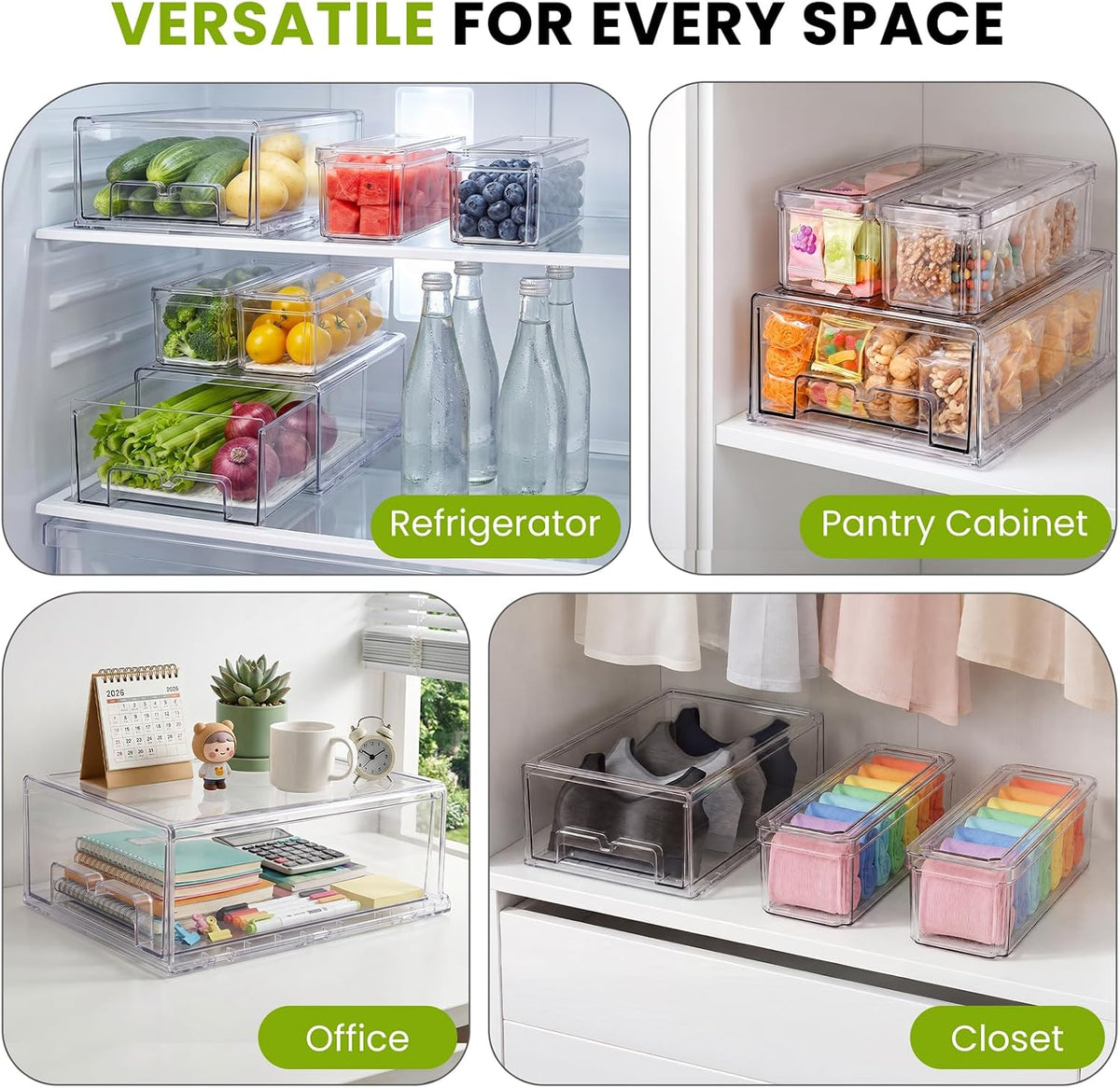 6Pack Fridge Organizers and Storage,Stackable Fridge Organizer Bins with Lids, 2 Pull Out Fridge Organizers and 4 Storage Container with Drain Tray for Fruits, Vegetables, Drinks, Snack and Food