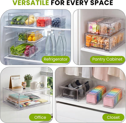 6Pack Fridge Organizers and Storage,Stackable Fridge Organizer Bins with Lids, 2 Pull Out Fridge Organizers and 4 Storage Container with Drain Tray for Fruits, Vegetables, Drinks, Snack and Food