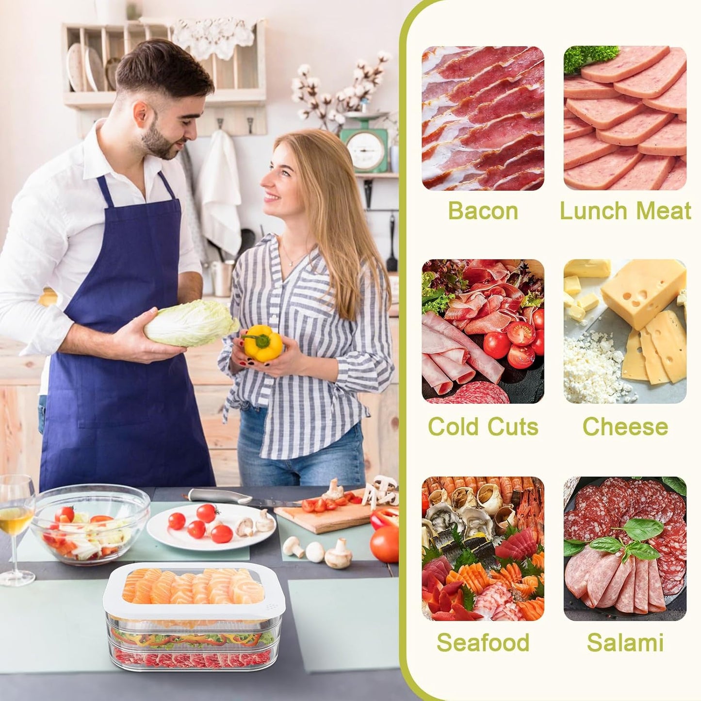 Cecnamt Stackable Deli Meat Container with Drainage Groove and Silicone Lid, Clear Refrigerator Storage Containers for Lunch Meats, Cold Cuts, Bacon, Cheese, BPA Free - 3 Layer