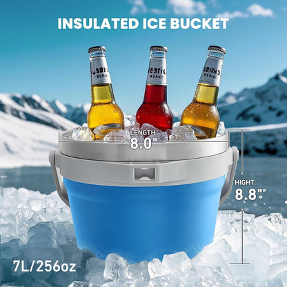 COKTIK 7L Vacuum Insulated Ice Bucket with Lid and Scoop& Tongs，Large capacity Stainless Steel Beverage Bucket for Cocktail, Champagne, Wine, Beer，Large Parties（Milk White Suit）