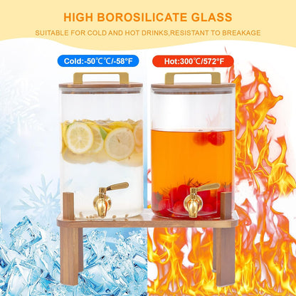 2 PACK 1.5 Gallon Glass Beverage Dispenser with Wooden Lid, Drink Dispenser with Wooden Stand, Lemonade Dispenser with Stainless Steel Leak-Proof Spigot for Parties, Weddings