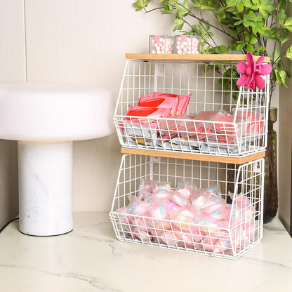 Mefirt 2pcs Fruit Basket Kitchen Storage Basket with Wood Lid, Stackable Wall Basket Fruit Basket for Kitchen, Countertop Organizer for Snack, Fruit and Veggie Storage, 11.8 x 7.9 x 8.5 Inch