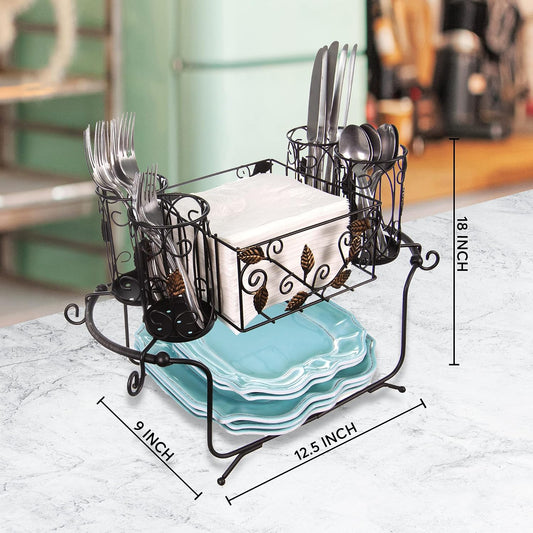 Portable Utensil Caddy for Parties, Elegant Leaf Design Buffet & Silverware Organizer with Napkin Holder, Stainless Steel Plate Storage Caddy for Camping, BBQ & Outdoor Dining